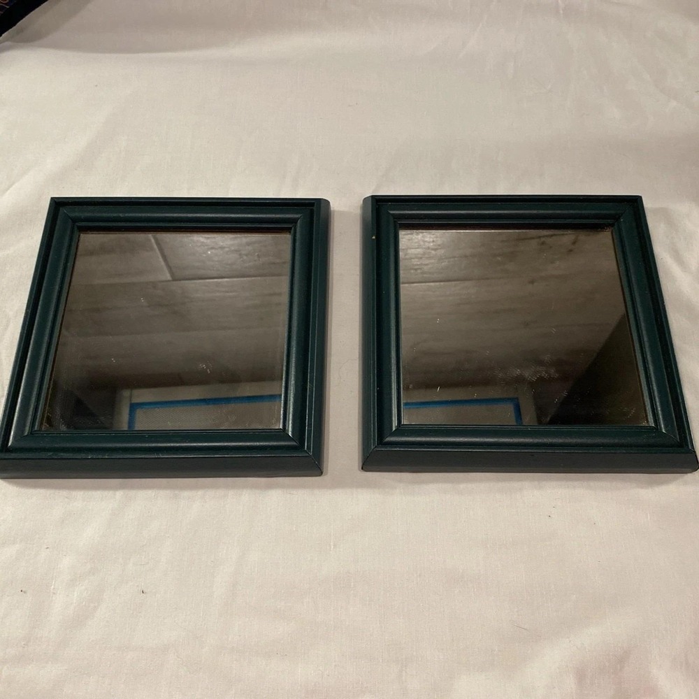 Set Of 2 Vintage Dark Green Wooden Framed Mirrors 7.5 X 7.5 Inches